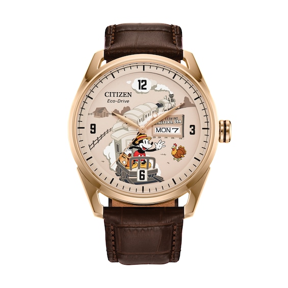 Menâs Citizen Eco-DriveÂ® Disney Mickey Mouse on the Train Rose-Tone IP Brown Leather Strap Watch (Model: Aw0088-04W)