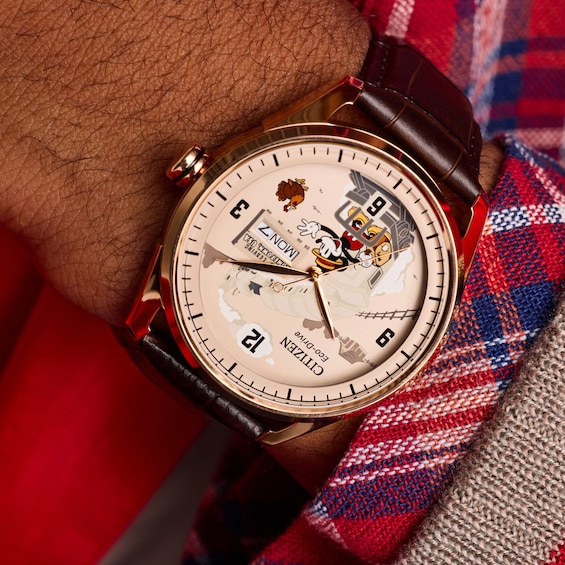 Menâs Citizen Eco-DriveÂ® Disney Mickey Mouse on the Train Rose-Tone IP Brown Leather Strap Watch (Model: Aw0088-04W)