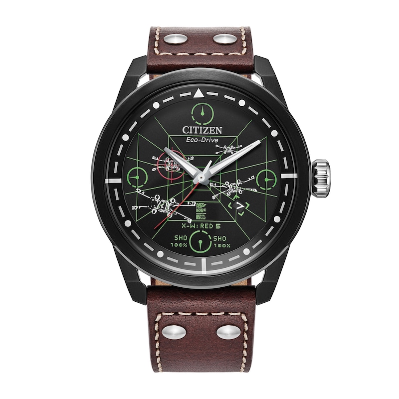 Main Image 1 of Men’s Citizen Eco-Drive® Star Wars™ Classic Ships Black IP Brown Leather Strap Watch (Model: AW1738-05W)