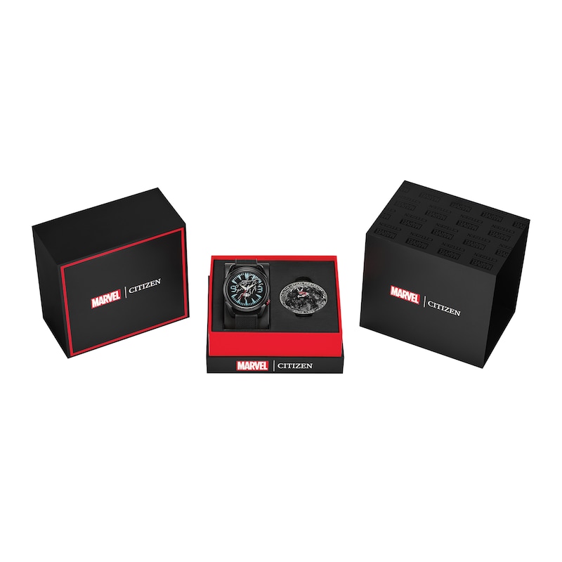 Main Image 4 of Men’s Citizen Eco-Drive® ©Marvel Venom Black IP Nylon Strap Watch and Pin Box Set (Model: AW2065-41W)