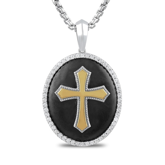 1/3 CT. T.w. Diamond Frame Flared Cross Oval Pendant in Sterling Silver with 24K Gold Vermeil and Black Rhodium - 22â