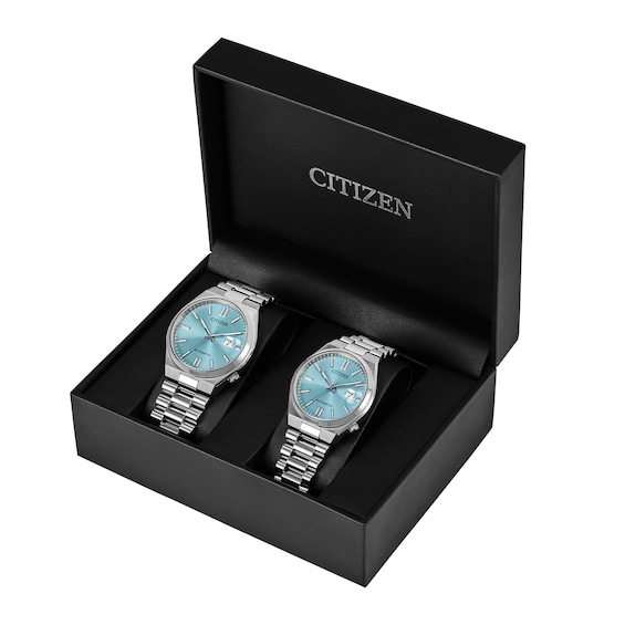 His and Hers Citizen Tsuyosa Automatic Watch Set with Blue Sunray Dials (Model: Pairs-Tsuyosa-25)