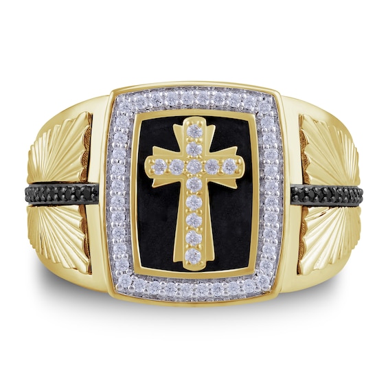 1/2 CT. T.w. Black and White Diamond Cross Rectangle Ring in Sterling Silver with 24K Gold Vermeil and Black Rhodium