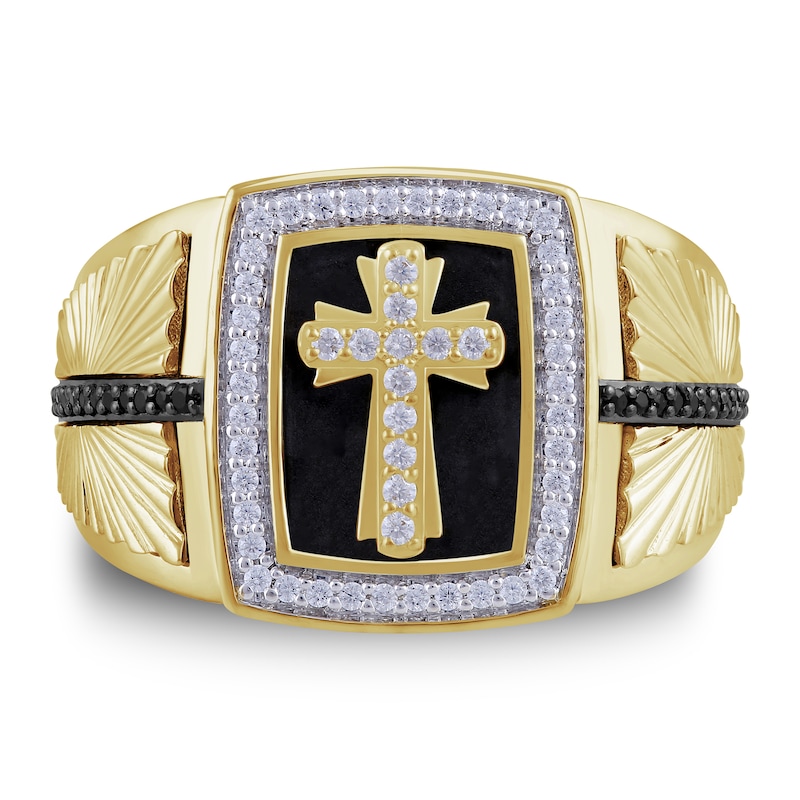Main Image 1 of 1/2 CT. T.W. Black and White Diamond Cross Rectangle Ring in Sterling Silver with 24K Gold Vermeil and Black Rhodium