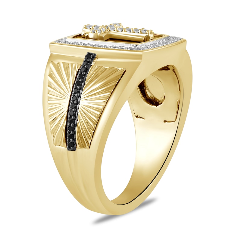 Main Image 2 of 1/2 CT. T.W. Black and White Diamond Cross Rectangle Ring in Sterling Silver with 24K Gold Vermeil and Black Rhodium