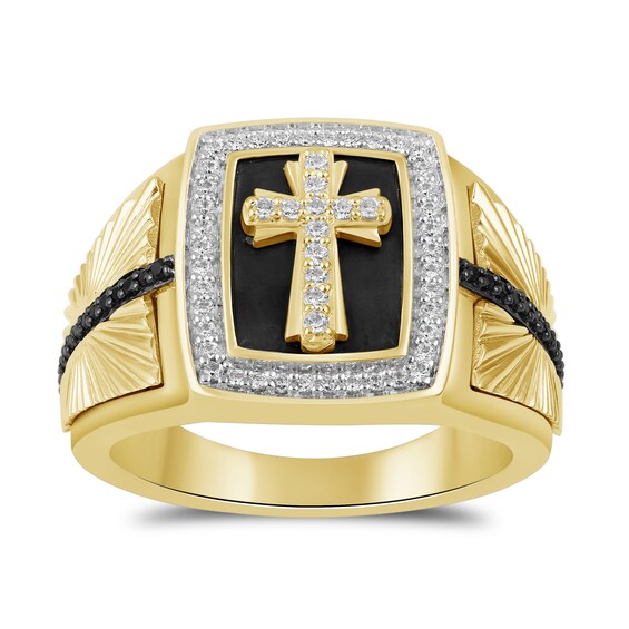 1/2 CT. T.w. Black and White Diamond Cross Rectangle Ring in Sterling Silver with 24K Gold Vermeil and Black Rhodium