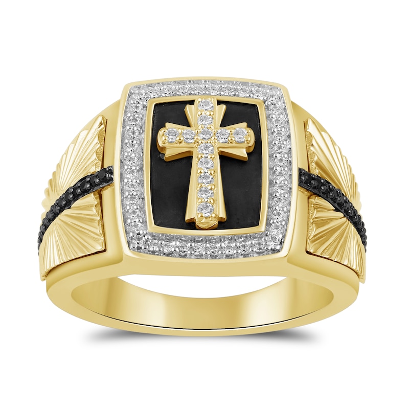 Main Image 3 of 1/2 CT. T.W. Black and White Diamond Cross Rectangle Ring in Sterling Silver with 24K Gold Vermeil and Black Rhodium