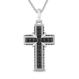 1/2 CT. T.W. Black Diamond Rope-Textured Edge Cross Pendant in Sterling Silver - 22”