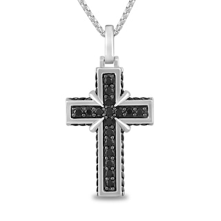 1/2 CT. T.W. Black Diamond Rope-Textured Edge Cross Pendant in Sterling Silver - 22”