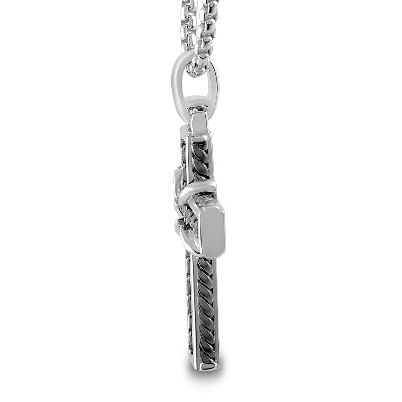 Main Image 2 of 1/2 CT. T.W. Black Diamond Rope-Textured Edge Cross Pendant in Sterling Silver - 22”