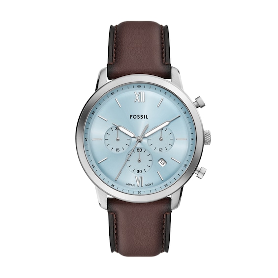 Men's Fossil Neutra Brown Leather Strap Chronograph Watch with Light Blue Sunray Dial (Model: Fs6109)