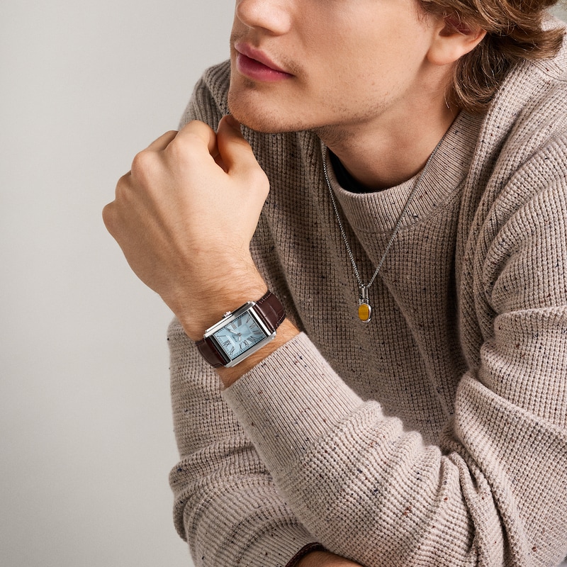 Main Image 4 of Men’s Fossil Carraway Brown Leather Strap Watch with Rectangular Light Blue Dial (Model: FS6110)