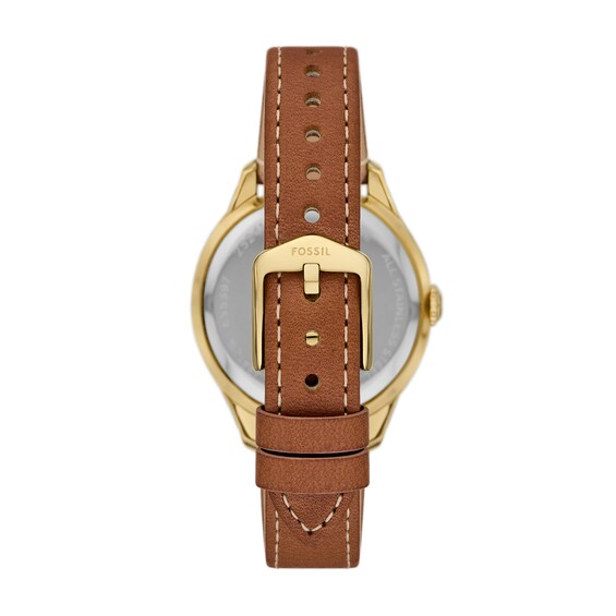 Ladies' Fossil Gilmore Gold-Tone IP Brown Leather Strap Watch with Silver-Tone and White Dial (Model: Es5397)