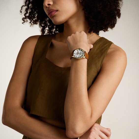 Ladies' Fossil Gilmore Gold-Tone IP Brown Leather Strap Watch with Silver-Tone and White Dial (Model: Es5397)