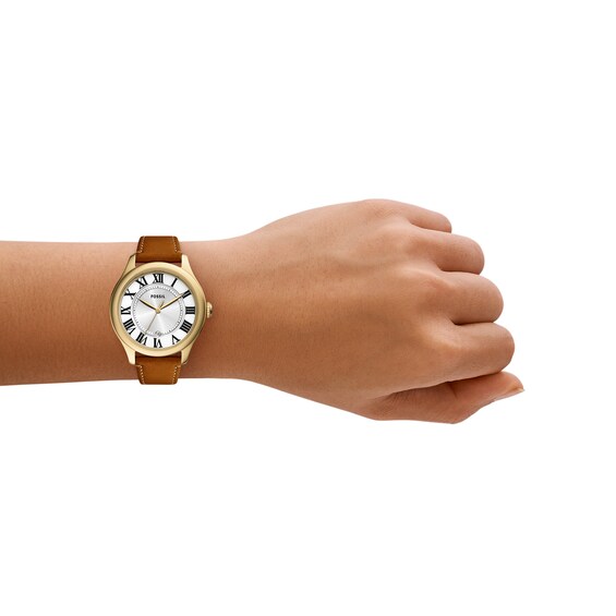 Ladies' Fossil Gilmore Gold-Tone IP Brown Leather Strap Watch with Silver-Tone and White Dial (Model: Es5397)