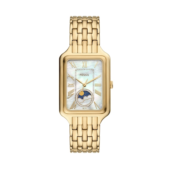 Ladies' Fossil Raquel Crystal Accent Gold-Tone IP Watch with Rectangular Mother-of-Pearl Dial (Model: Es5398)