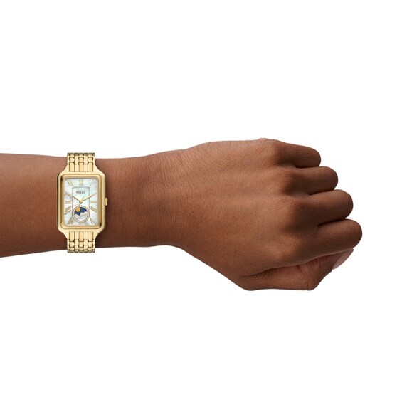 Ladies' Fossil Raquel Crystal Accent Gold-Tone IP Watch with Rectangular Mother-of-Pearl Dial (Model: Es5398)