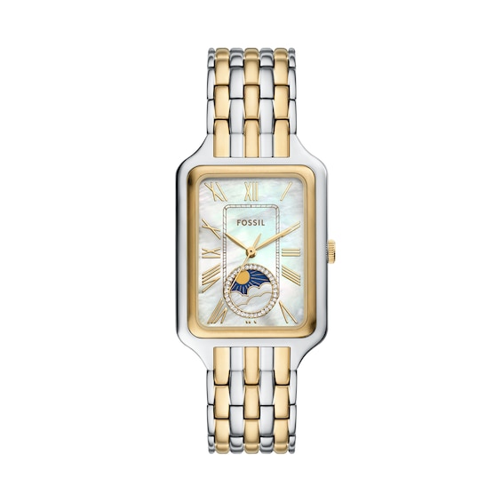 Ladies' Fossil Raquel Crystal Accent Two-Tone IP Watch with Rectangular Mother-of-Pearl Dial (Model: Es5399)