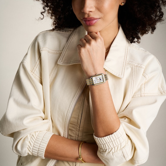 Ladies' Fossil Raquel Crystal Accent Two-Tone IP Watch with Rectangular Mother-of-Pearl Dial (Model: Es5399)
