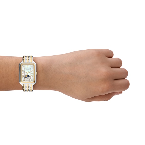 Ladies' Fossil Raquel Crystal Accent Two-Tone IP Watch with Rectangular Mother-of-Pearl Dial (Model: Es5399)