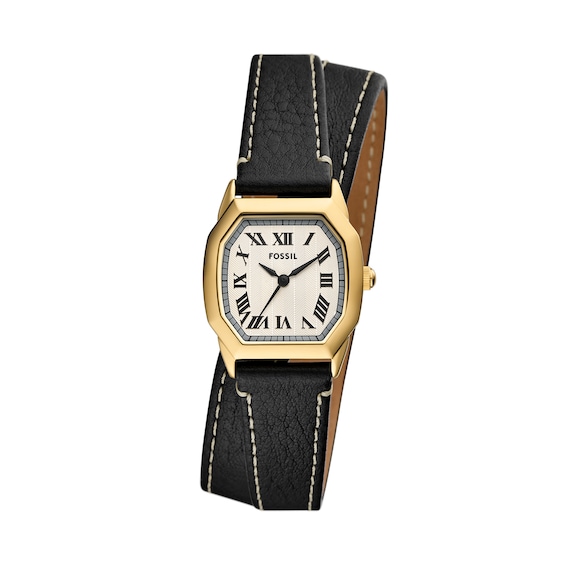 Ladiesâ Fossil Harlow Gold-Tone IP Black Double-Wrap Leather Strap Watch with Octagonal Cream Dial (Model: Es5404)
