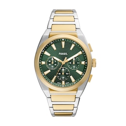 Men's Fossil Everett Two-Tone IP Chronograph Watch with Textured Green Dial (Model: FS6106)
