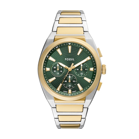 Men's Fossil Everett Two-Tone IP Chronograph Watch with Textured Green Dial (Model: Fs6106)