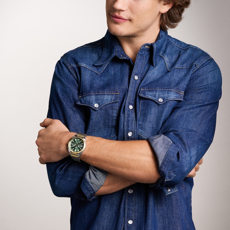 Main Image 4 of Men's Fossil Everett Two-Tone IP Chronograph Watch with Textured Green Dial (Model: FS6106)