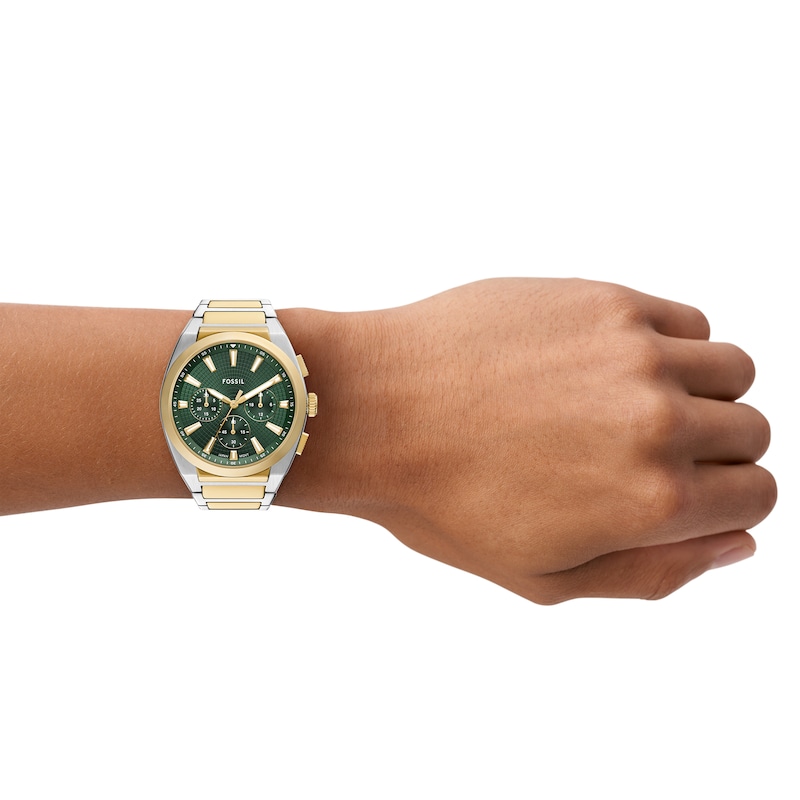 Main Image 5 of Men's Fossil Everett Two-Tone IP Chronograph Watch with Textured Green Dial (Model: FS6106)