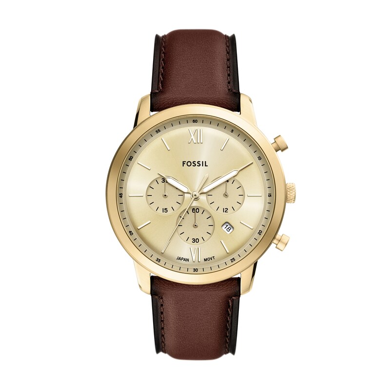 Main Image 1 of Men's Fossil Neutra Gold-Tone IP Brown Leather Strap Chronograph Watch with Gold-Tone Dial (Model: FS6113)