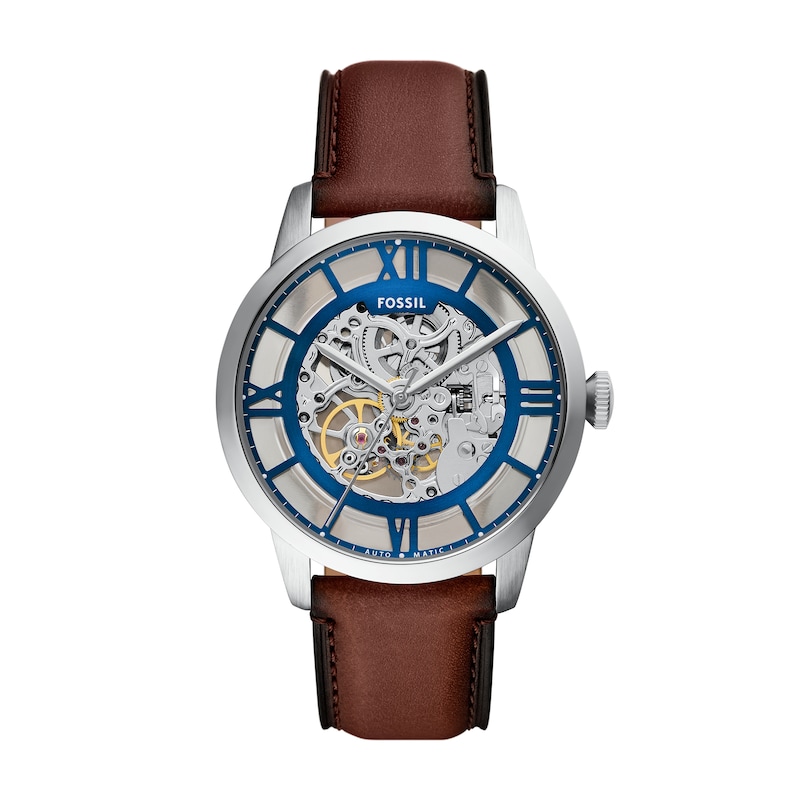Main Image 1 of Men’s Fossil Townsman Brown Leather Strap Automatic Watch with Brushed Blue Skeleton Dial (Model: ME3267)