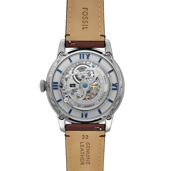 Menâs Fossil Townsman Brown Leather Strap Automatic Watch with Brushed Blue Skeleton Dial (Model: Me3267)