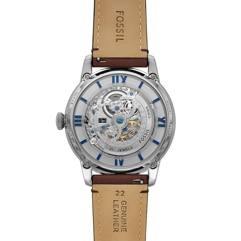 Main Image 4 of Men’s Fossil Townsman Brown Leather Strap Automatic Watch with Brushed Blue Skeleton Dial (Model: ME3267)