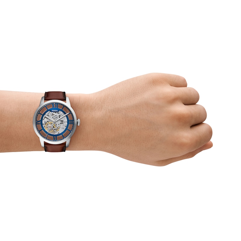 Main Image 5 of Men’s Fossil Townsman Brown Leather Strap Automatic Watch with Brushed Blue Skeleton Dial (Model: ME3267)