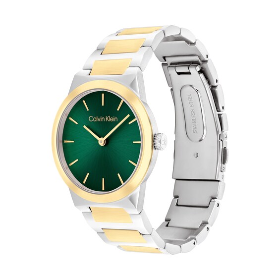 Ladies' Calvin Klein Linear Elegance Two-Tone IP Watch with Green Dial (Model: 25100114)
