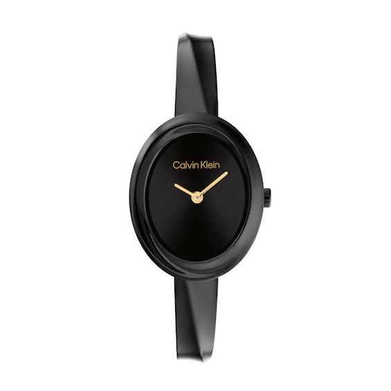 Ladies' Calvin Klein Twisted Bezel Black IP Bangle Watch with Black Oval Dial (Model: 25100112)