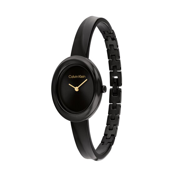 Ladies' Calvin Klein Twisted Bezel Black IP Bangle Watch with Black Oval Dial (Model: 25100112)