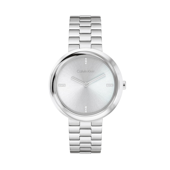 Ladies' Calvin Klein Twisted Bezel Crystal Accent Watch with Silver-Tone Dial (Model: 25100093)