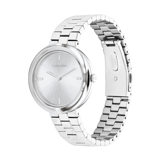 Ladies' Calvin Klein Twisted Bezel Crystal Accent Watch with Silver-Tone Dial (Model: 25100093)