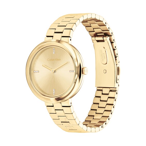 Ladies' Calvin Klein Twisted Bezel Crystal Accent Gold-Tone IP Watch with Gold-Tone Dial (Model: 25100094)