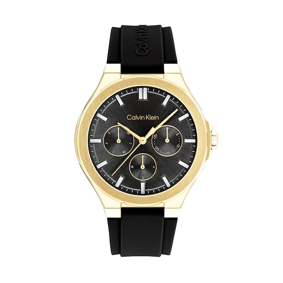 Ladies' Calvin Klein Vibrancy Crystal Accent Gold-Tone Black Strap Chronograph Watch with Black Dial (Model: 25100107)