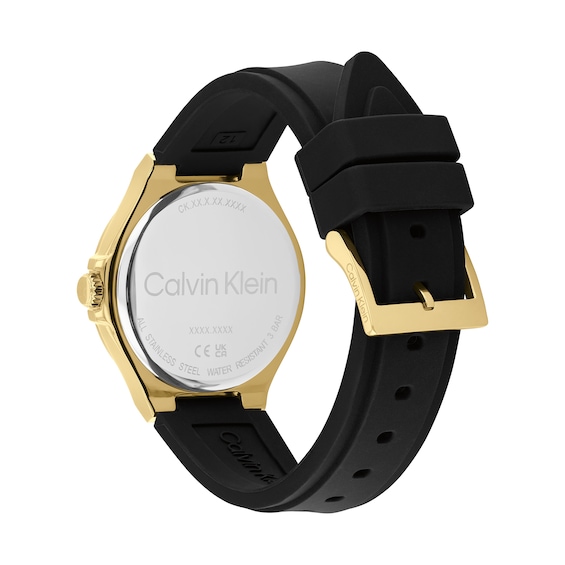 Ladies' Calvin Klein Vibrancy Crystal Accent Gold-Tone Black Strap Chronograph Watch with Black Dial (Model: 25100107)