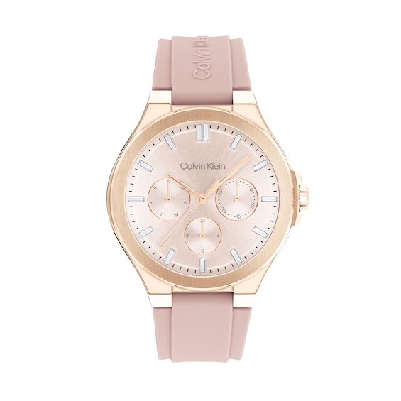 Ladies' Calvin Klein Vibrancy Crystal Accent Rose-Tone Pink Strap Chronograph Watch with Pink Dial (Model: 25100108)