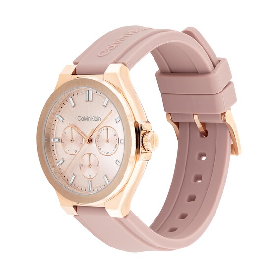 Ladies' Calvin Klein Vibrancy Crystal Accent Rose-Tone Pink Strap Chronograph Watch with Pink Dial (Model: 25100108)
