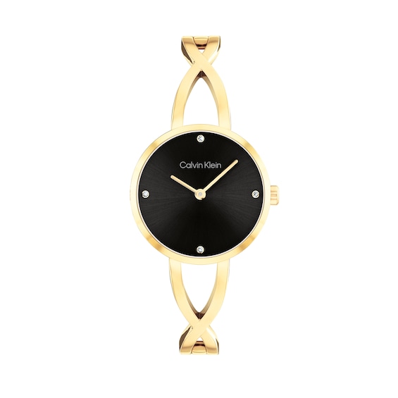 Ladies' Calvin Klein Embrace Crystal Accent Gold-Tone IP Bangle Watch with Black Dial (Model: 25100059)