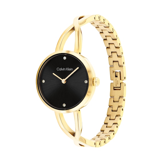 Ladies' Calvin Klein Embrace Crystal Accent Gold-Tone IP Bangle Watch with Black Dial (Model: 25100059)