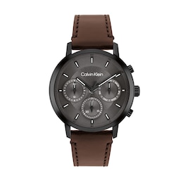Men's Calvin Klein Gauge Black IP Brown Leather Strap Chronograph Watch with Grey Dial (Model: 25200498)