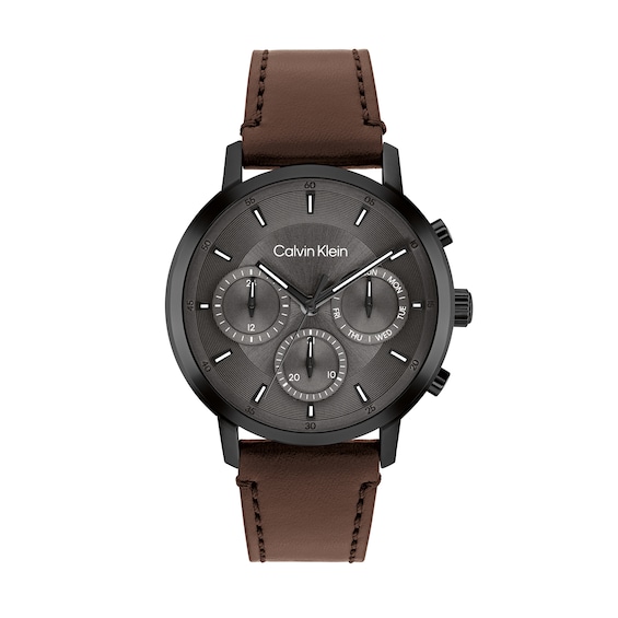 Men's Calvin Klein Gauge Black IP Brown Leather Strap Chronograph Watch with Grey Dial (Model: 25200498)