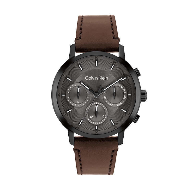 Main Image 1 of Men's Calvin Klein Gauge Black IP Brown Leather Strap Chronograph Watch with Grey Dial (Model: 25200498)