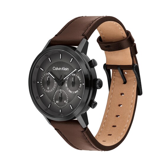 Men's Calvin Klein Gauge Black IP Brown Leather Strap Chronograph Watch with Grey Dial (Model: 25200498)